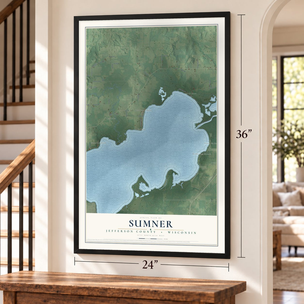 Sumner, Jefferson County, Wisconsin map, 24 x 36 inch print in a black frame by a staircase