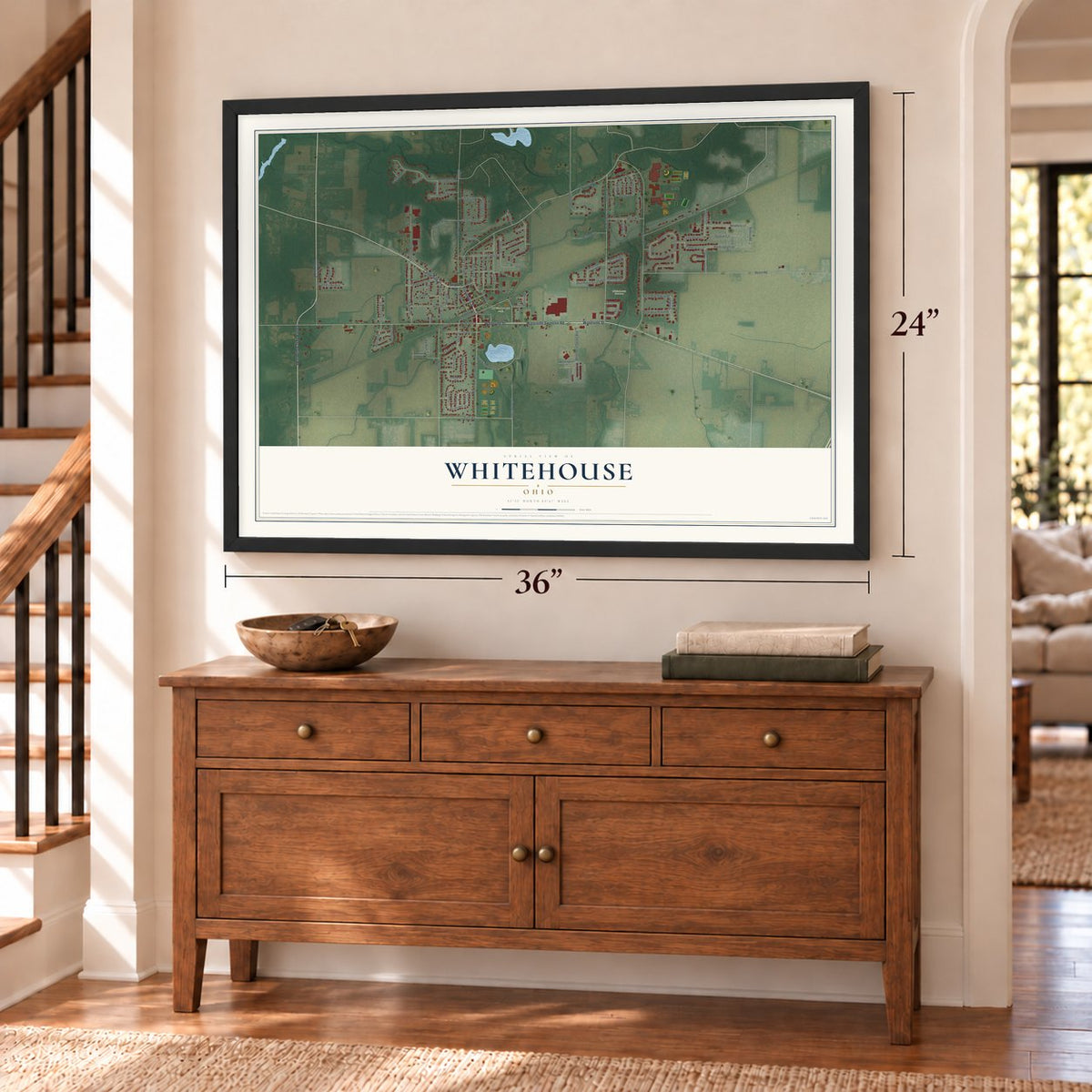 Whitehouse, Ohio map, 24 x 36 inch print in a black frame above a dresser by a staircase