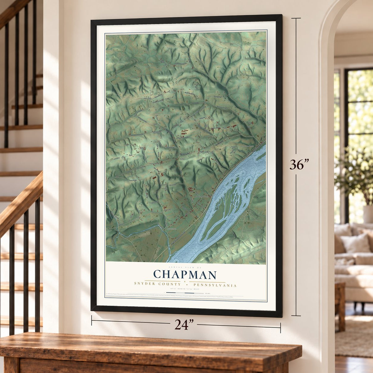 Chapman, Snyder County, Pennsylvania map, 24 x 36 inch print in a black frame by a staircase