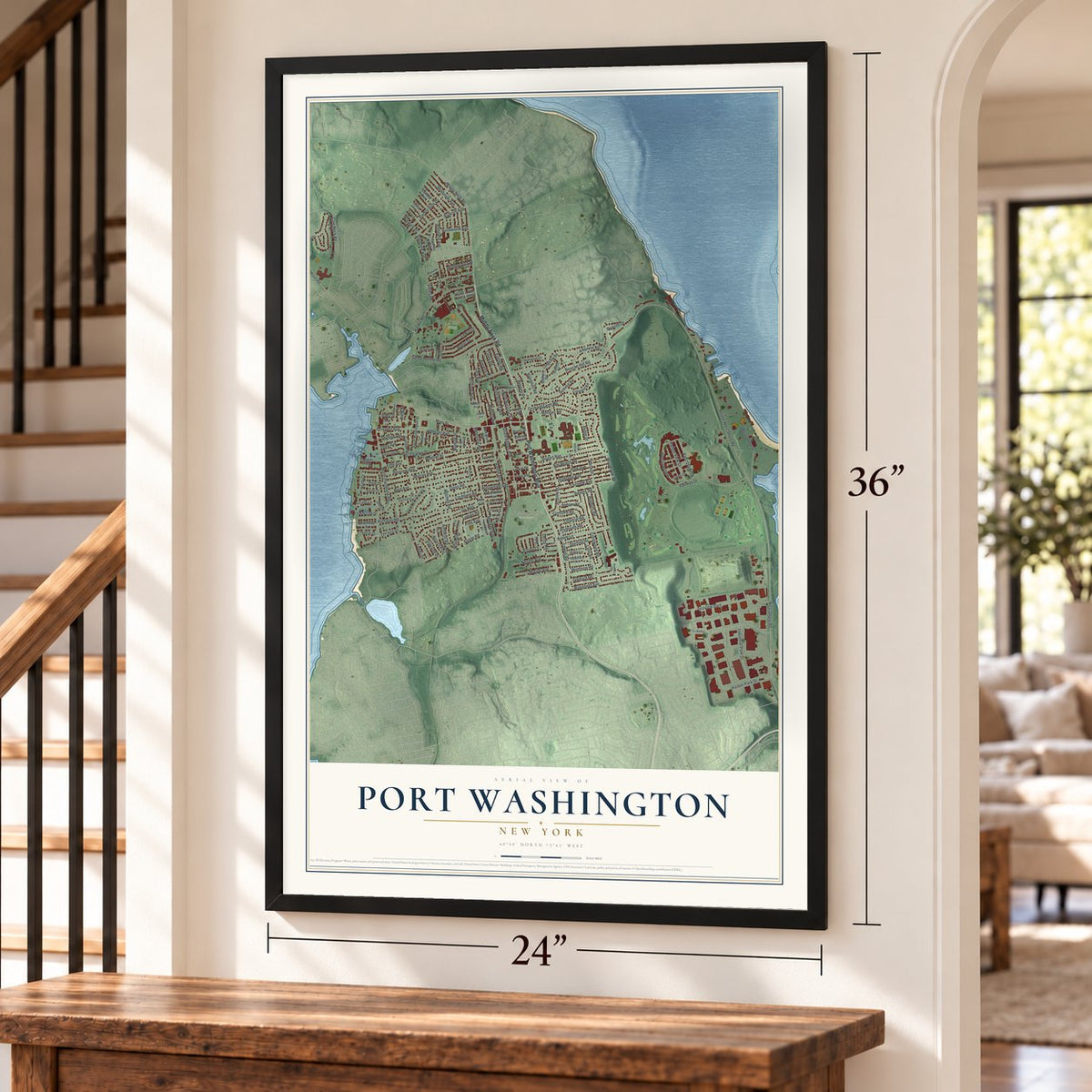 Port Washington, New York map, 24 x 36 inch print in a black frame by a staircase