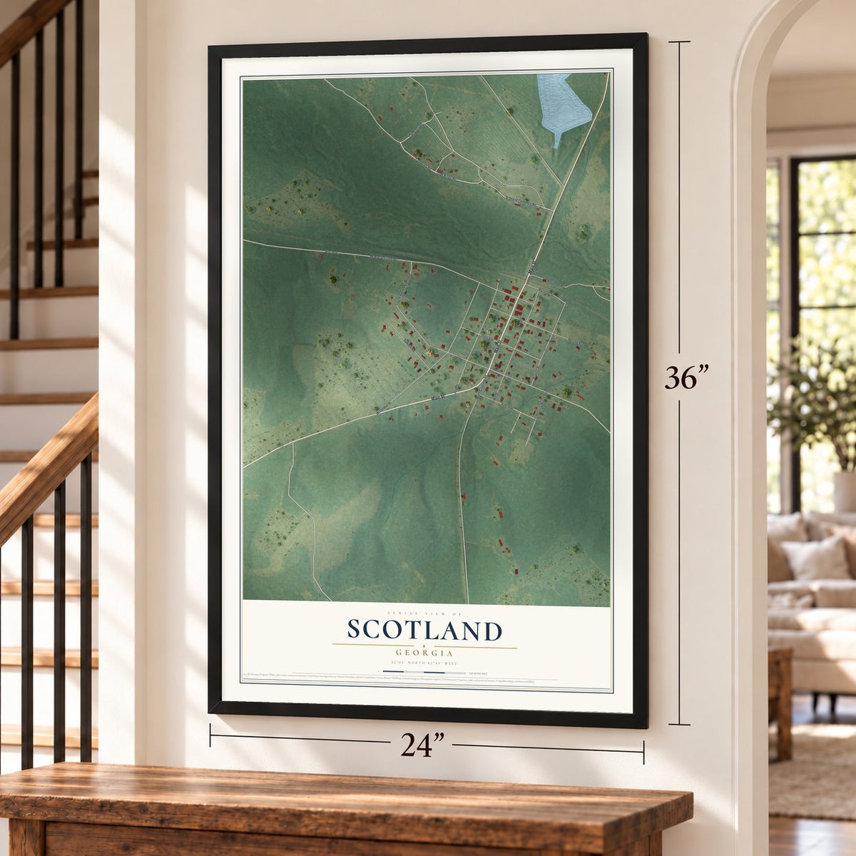 Scotland, Georgia map, 24 x 36 inch print in a black frame by a staircase