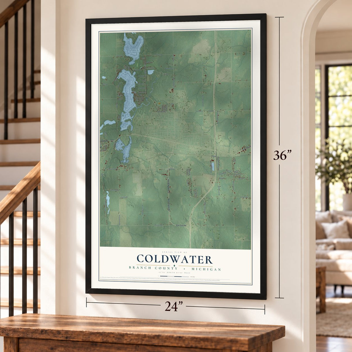 Coldwater, Branch County, Michigan map, 24 x 36 inch print in a black frame by a staircase