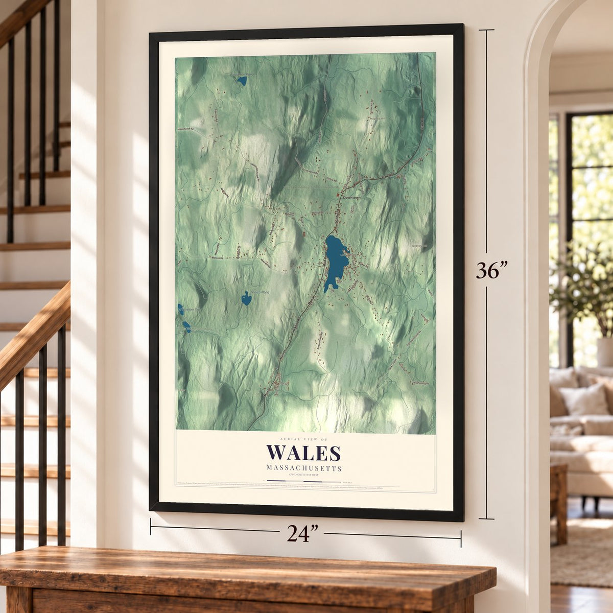 Wales, Massachusetts map, 24 x 36 inch print in a black frame by a staircase