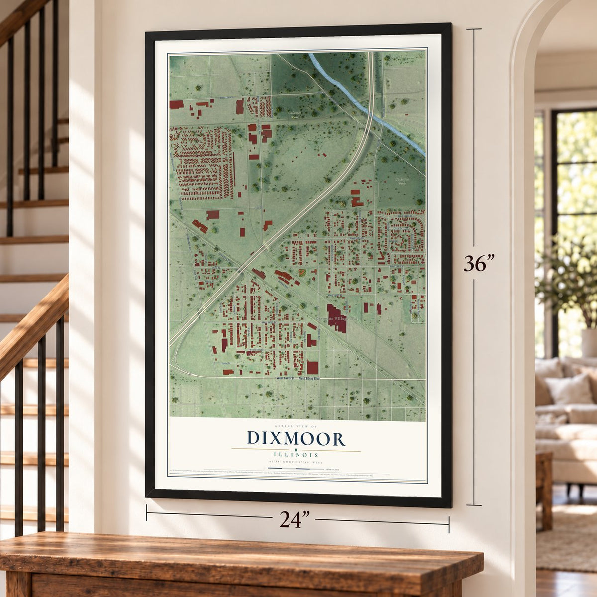 Dixmoor, Illinois map, 24 x 36 inch print in a black frame by a staircase