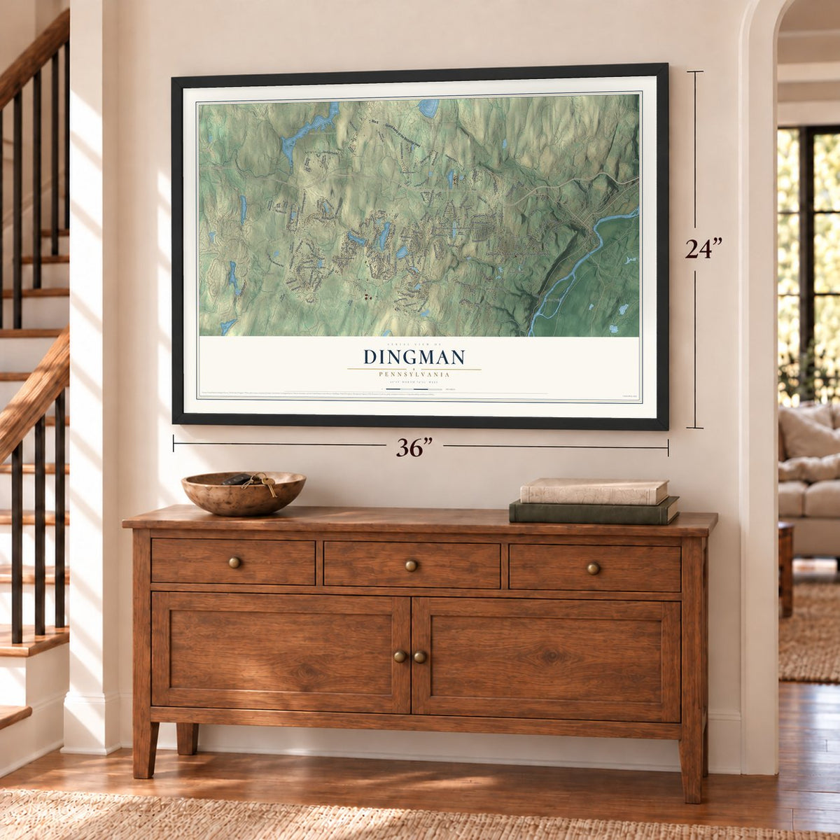 Dingman, Pennsylvania map, 24 x 36 inch print in a black frame above a dresser by a staircase