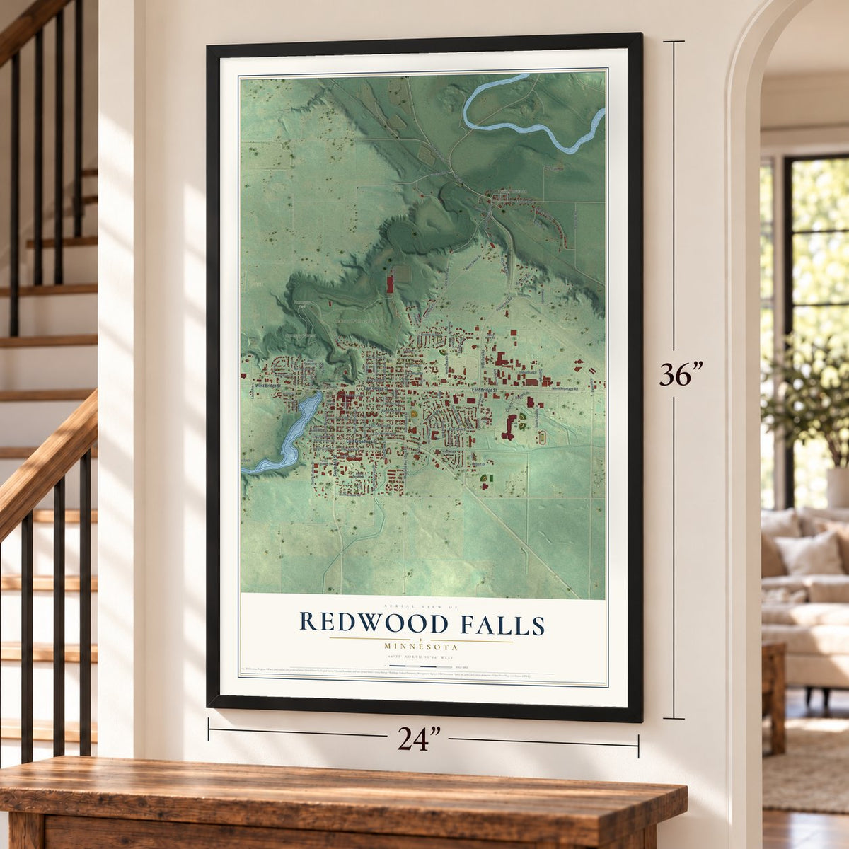 Redwood Falls, Minnesota map, 24 x 36 inch print in a black frame by a staircase