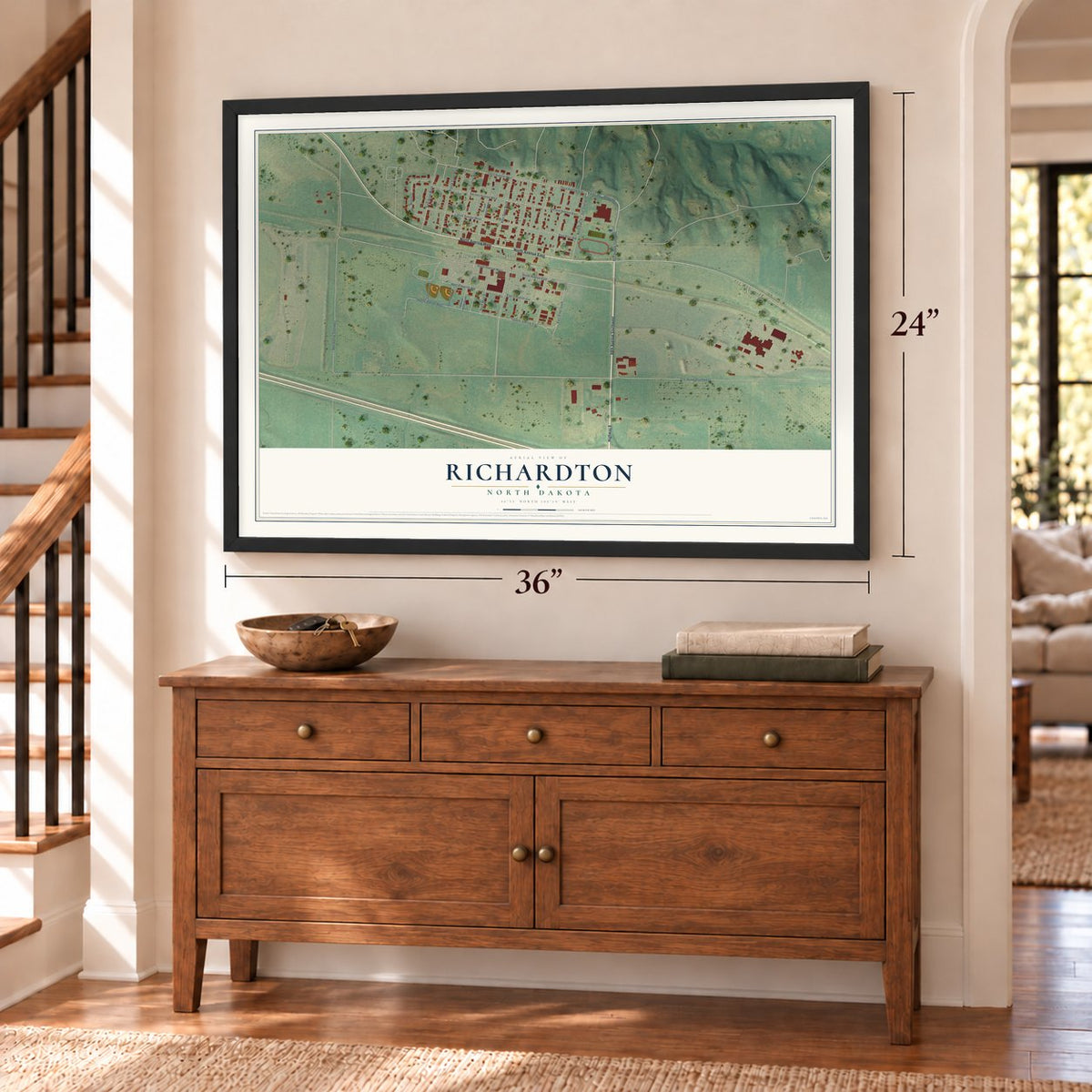 Richardton, North Dakota map, 24 x 36 inch print in a black frame above a dresser by a staircase