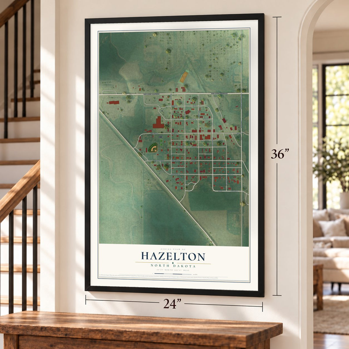 Hazelton, North Dakota map, 24 x 36 inch print in a black frame by a staircase