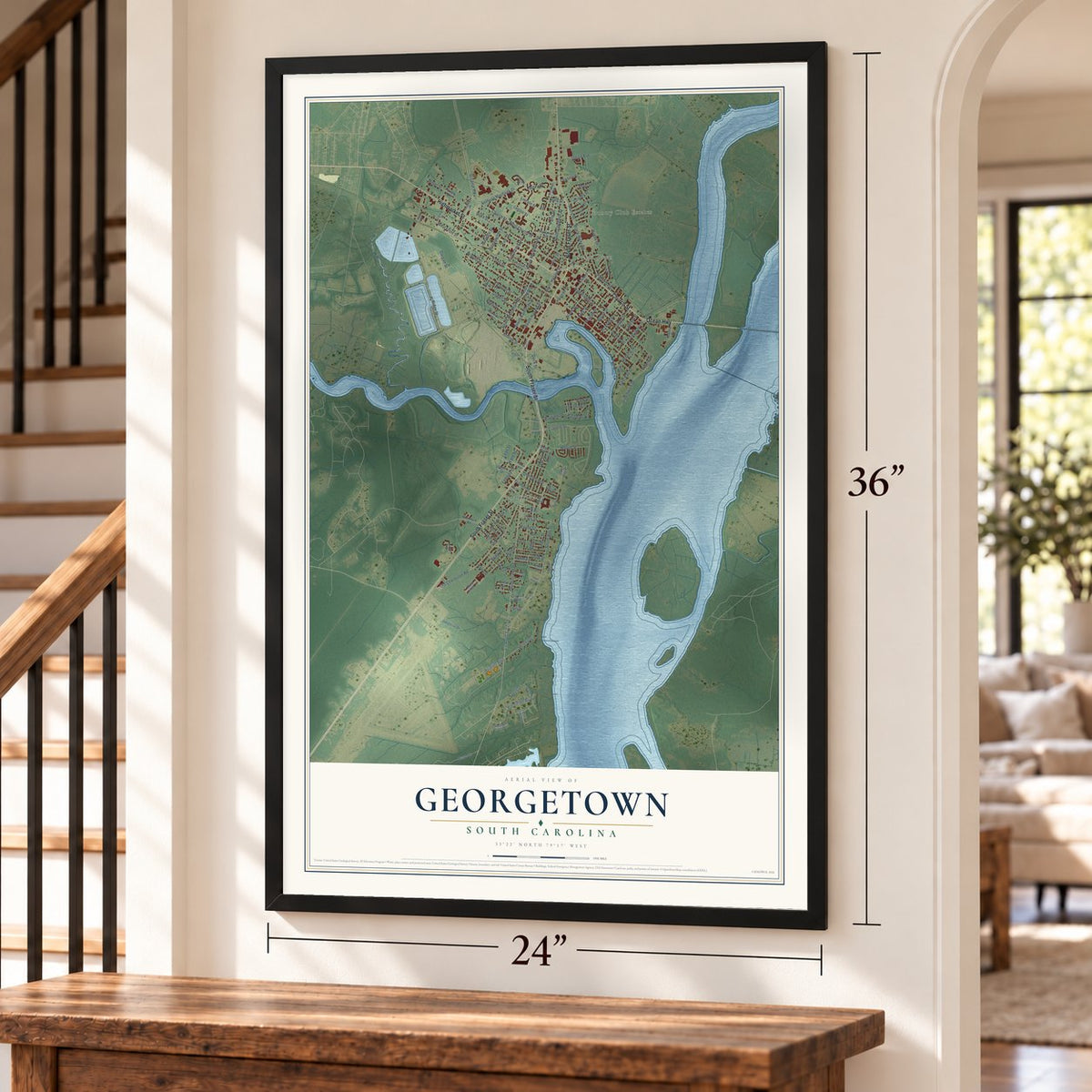 Georgetown, South Carolina map, 24 x 36 inch print in a black frame by a staircase