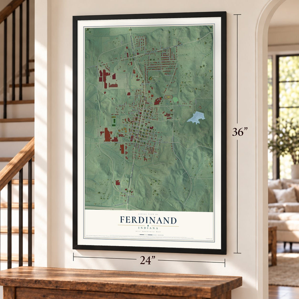 Ferdinand, Indiana map, 24 x 36 inch print in a black frame by a staircase