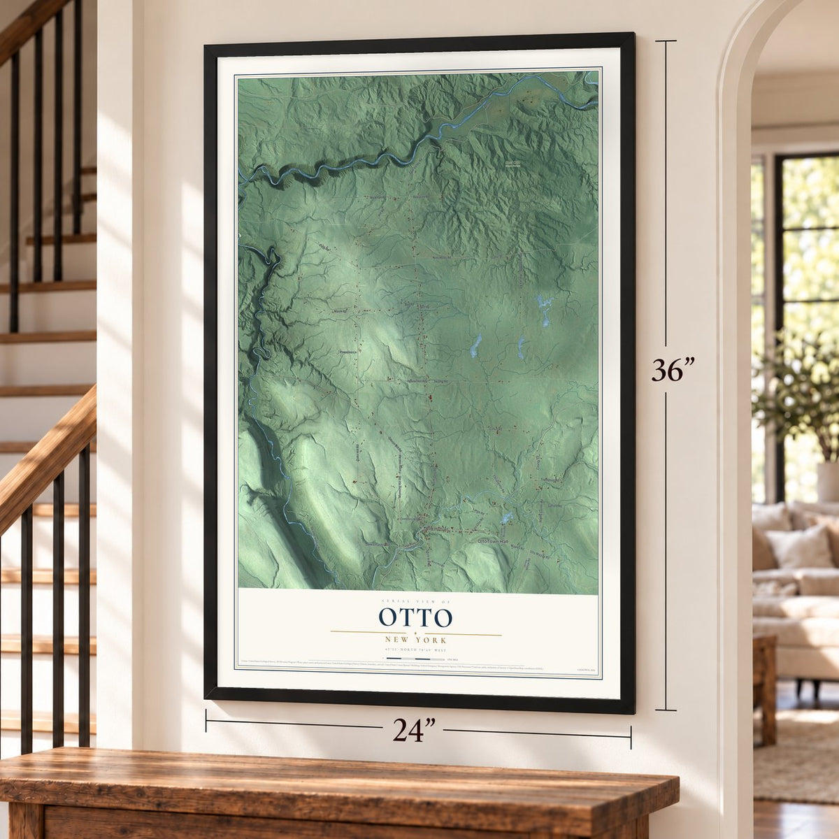 Otto, New York map, 24 x 36 inch print in a black frame by a staircase