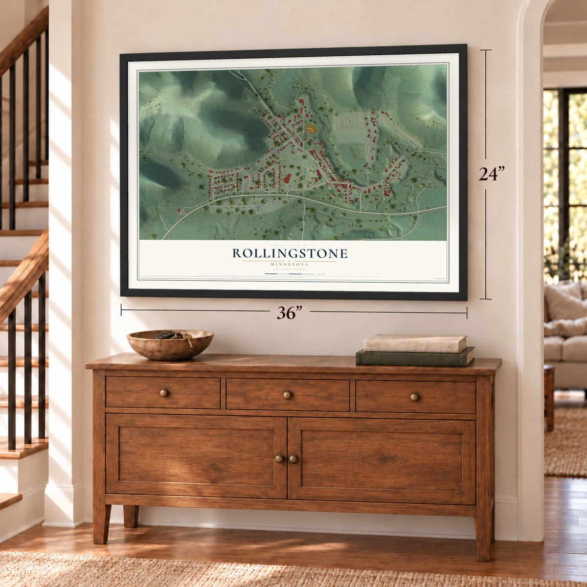 Rollingstone, Minnesota map, 24 x 36 inch print in a black frame above a dresser by a staircase