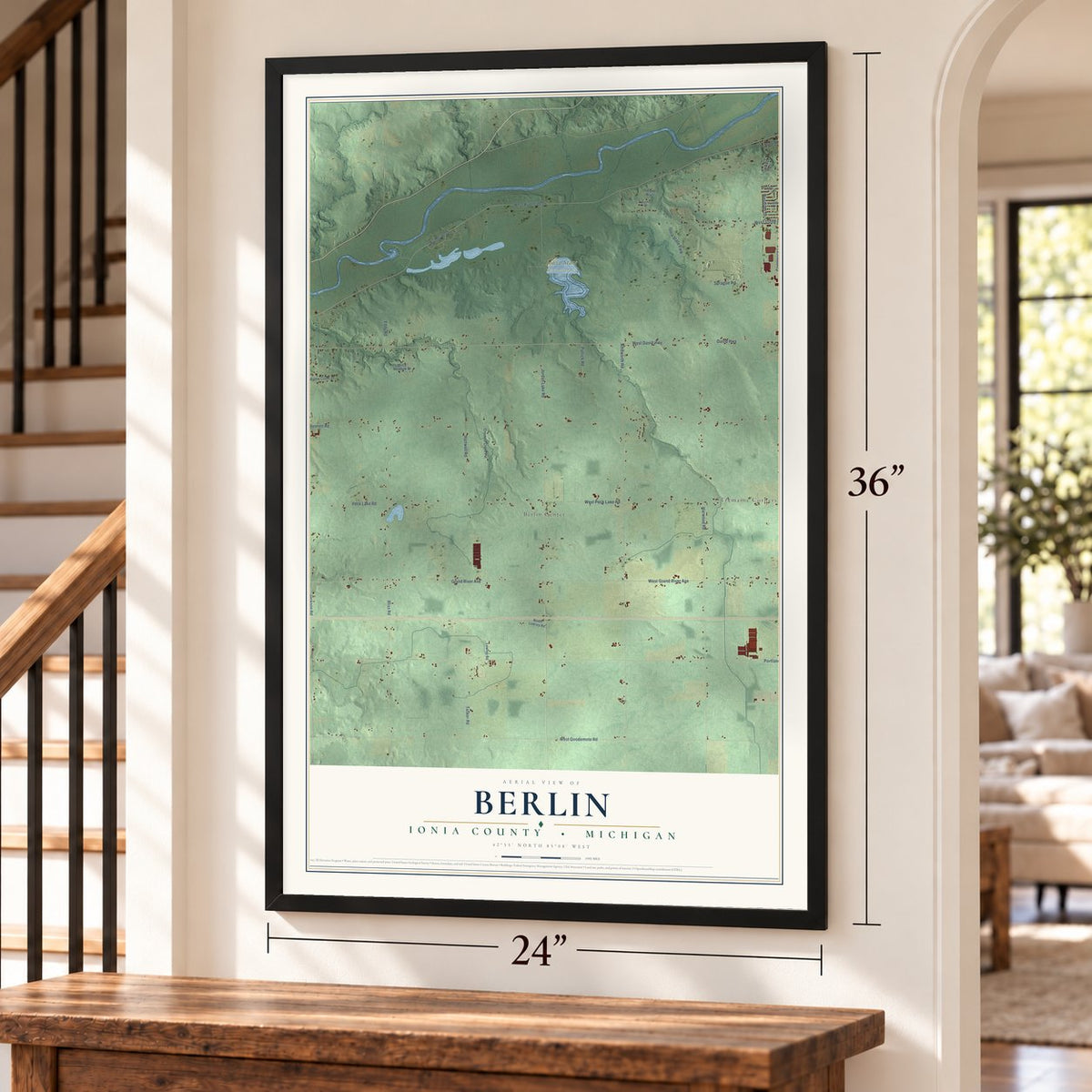 Berlin, Ionia County, Michigan map, 24 x 36 inch print in a black frame by a staircase