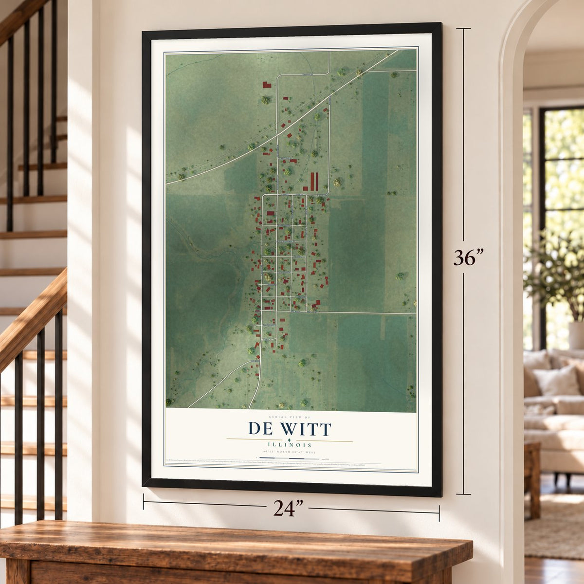 De Witt, Illinois map, 24 x 36 inch print in a black frame by a staircase
