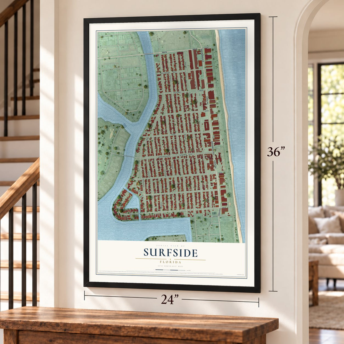 Surfside, Florida map, 24 x 36 inch print in a black frame by a staircase