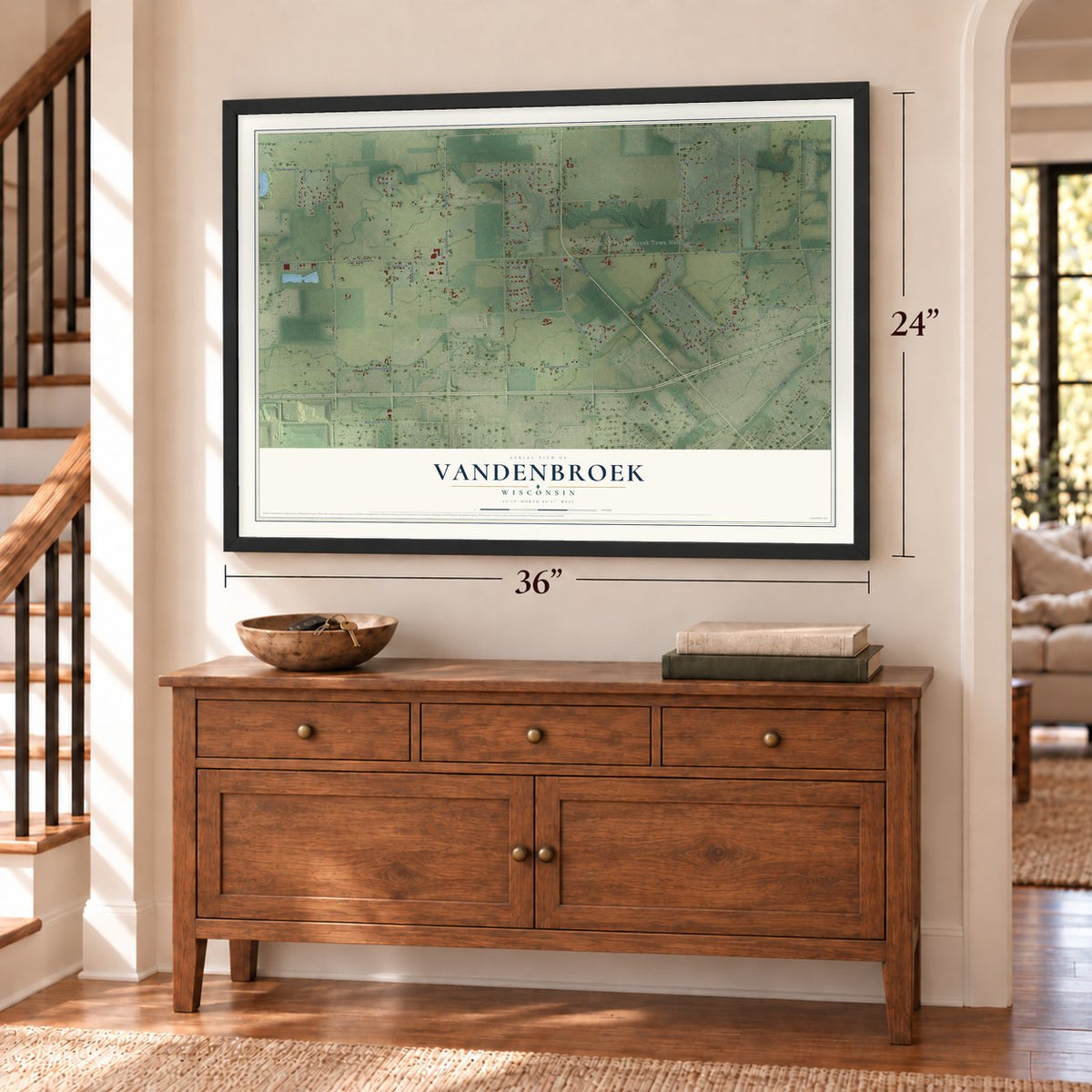 Vandenbroek, Wisconsin map, 24 x 36 inch print in a black frame above a dresser by a staircase