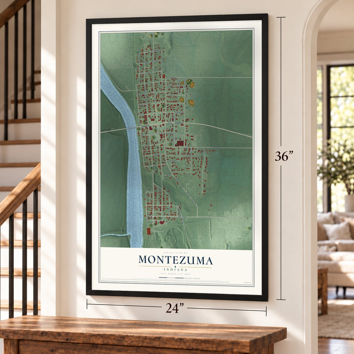Montezuma, Indiana map, 24 x 36 inch print in a black frame by a staircase