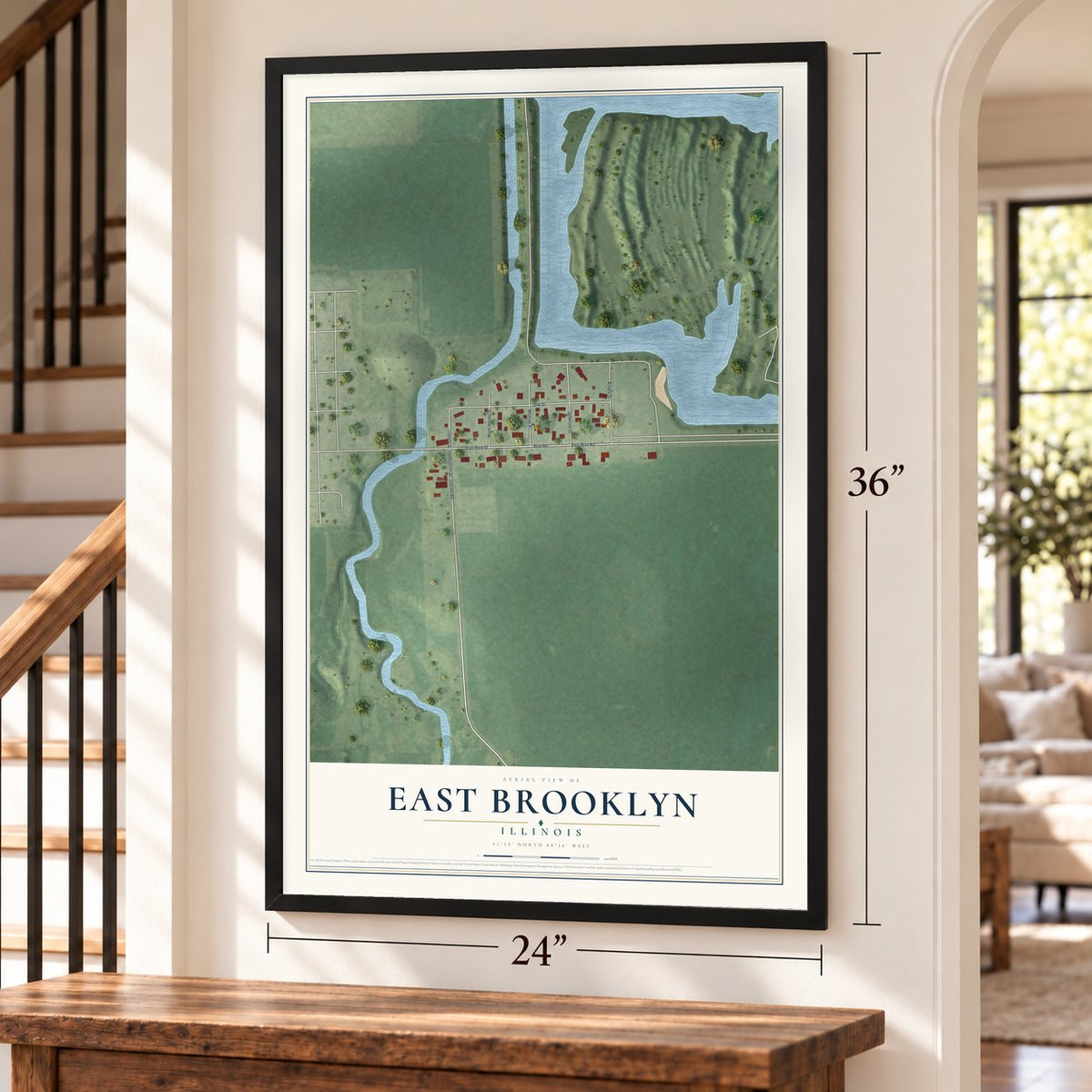 East Brooklyn, Illinois map, 24 x 36 inch print in a black frame by a staircase