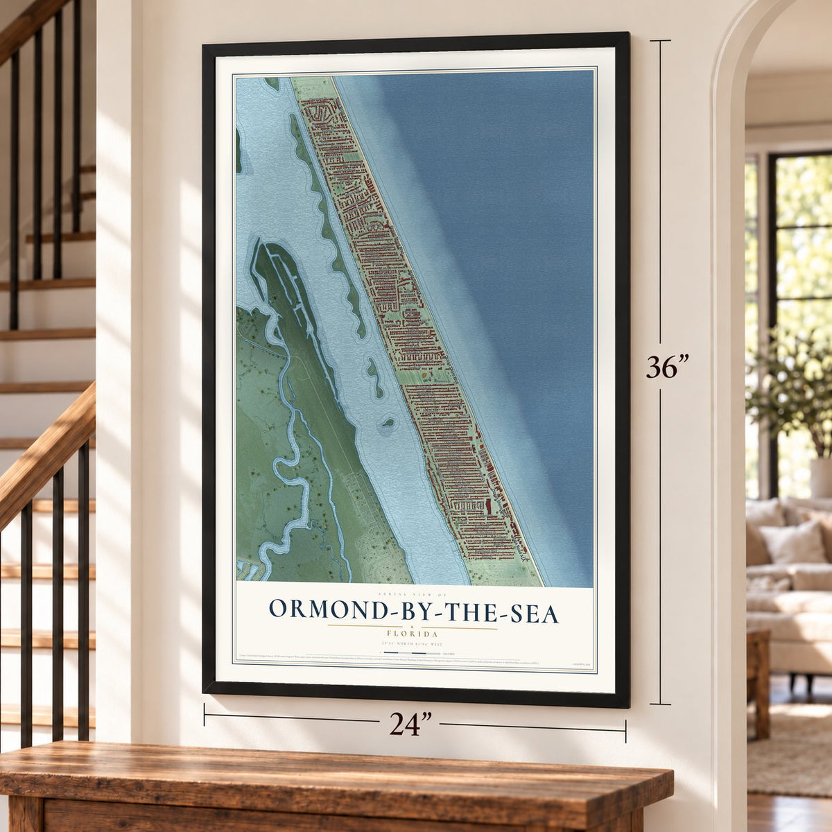 Ormond-by-the-Sea, Florida map, 24 x 36 inch print in a black frame by a staircase
