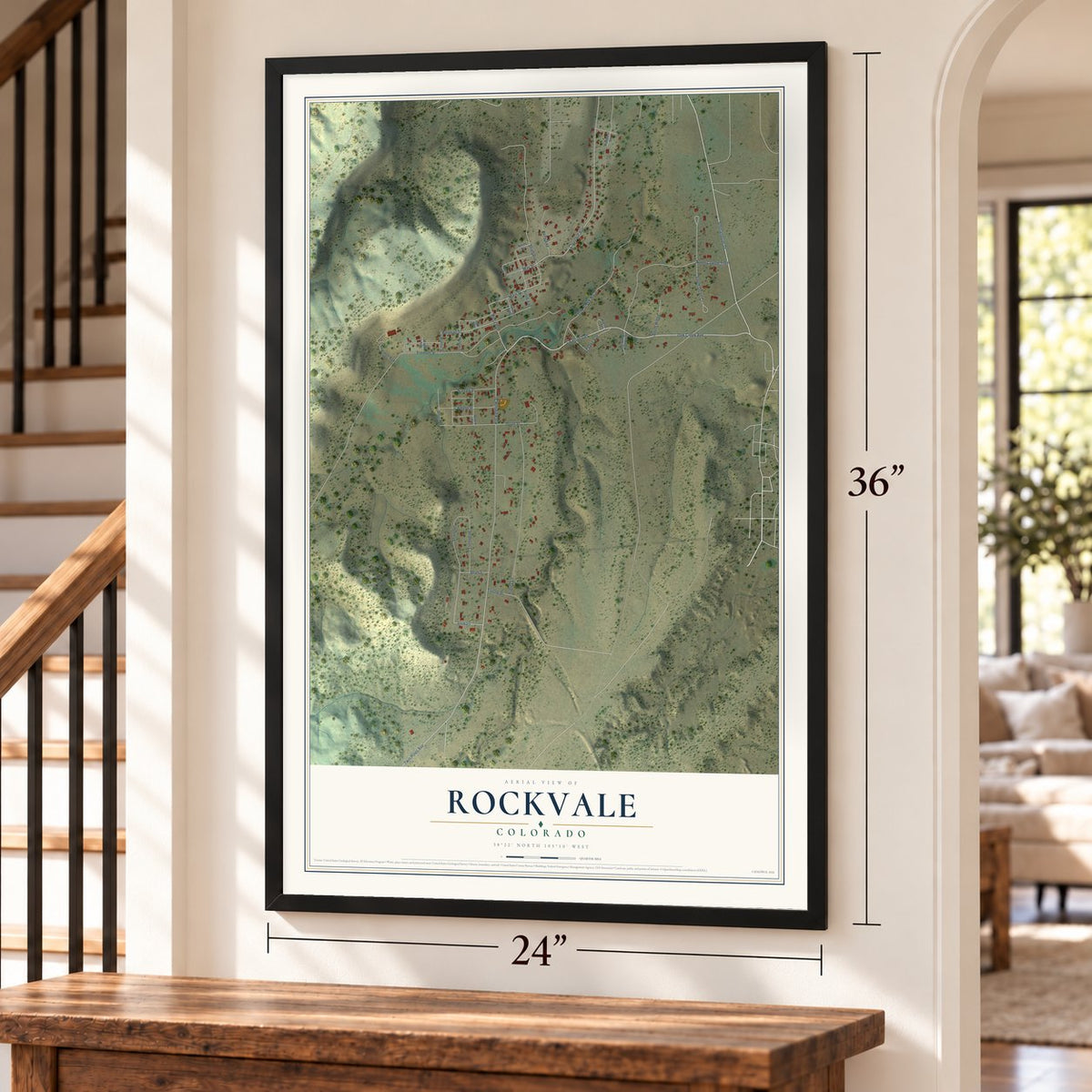 Rockvale, Colorado map, 24 x 36 inch print in a black frame by a staircase