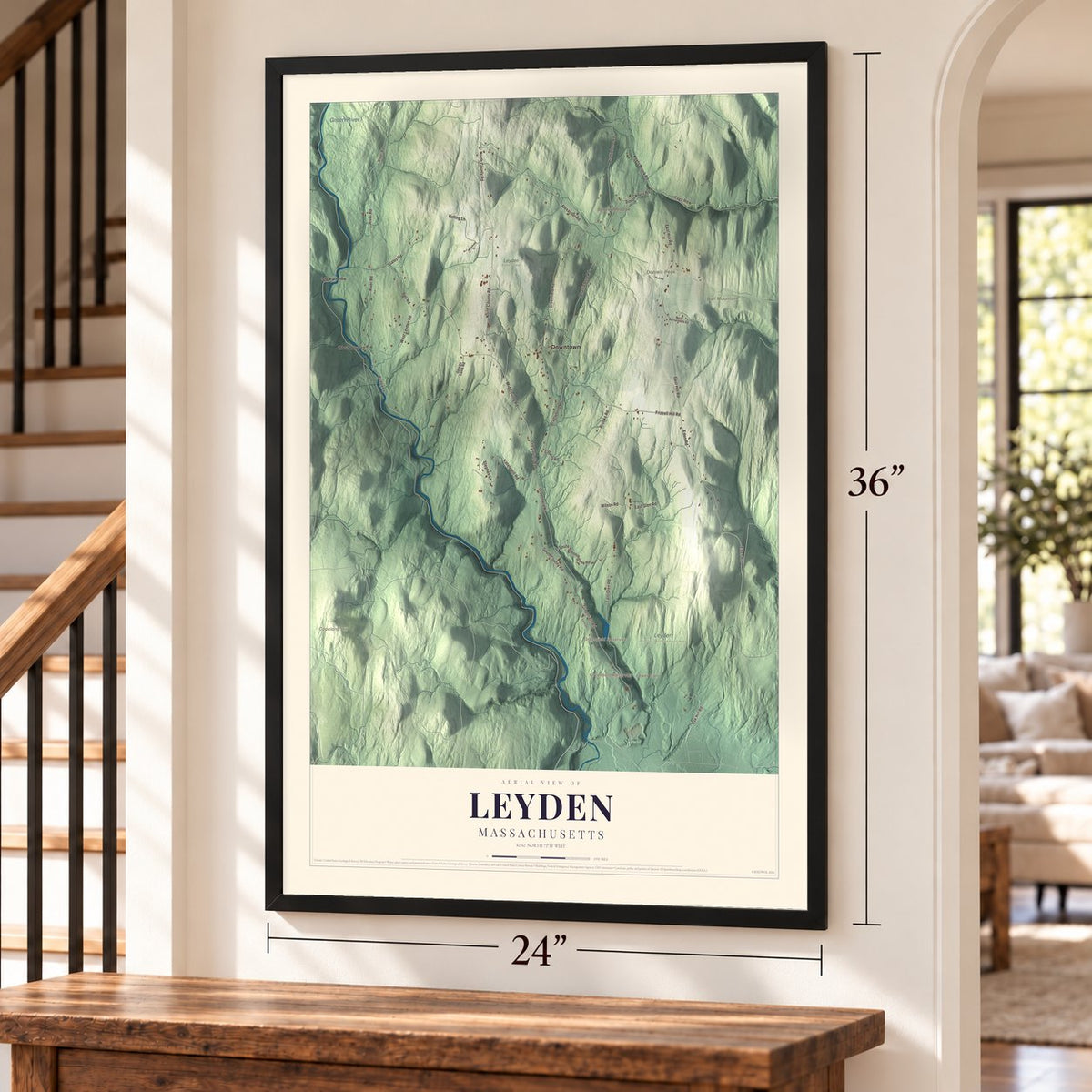 Leyden, Massachusetts map, 24 x 36 inch print in a black frame by a staircase