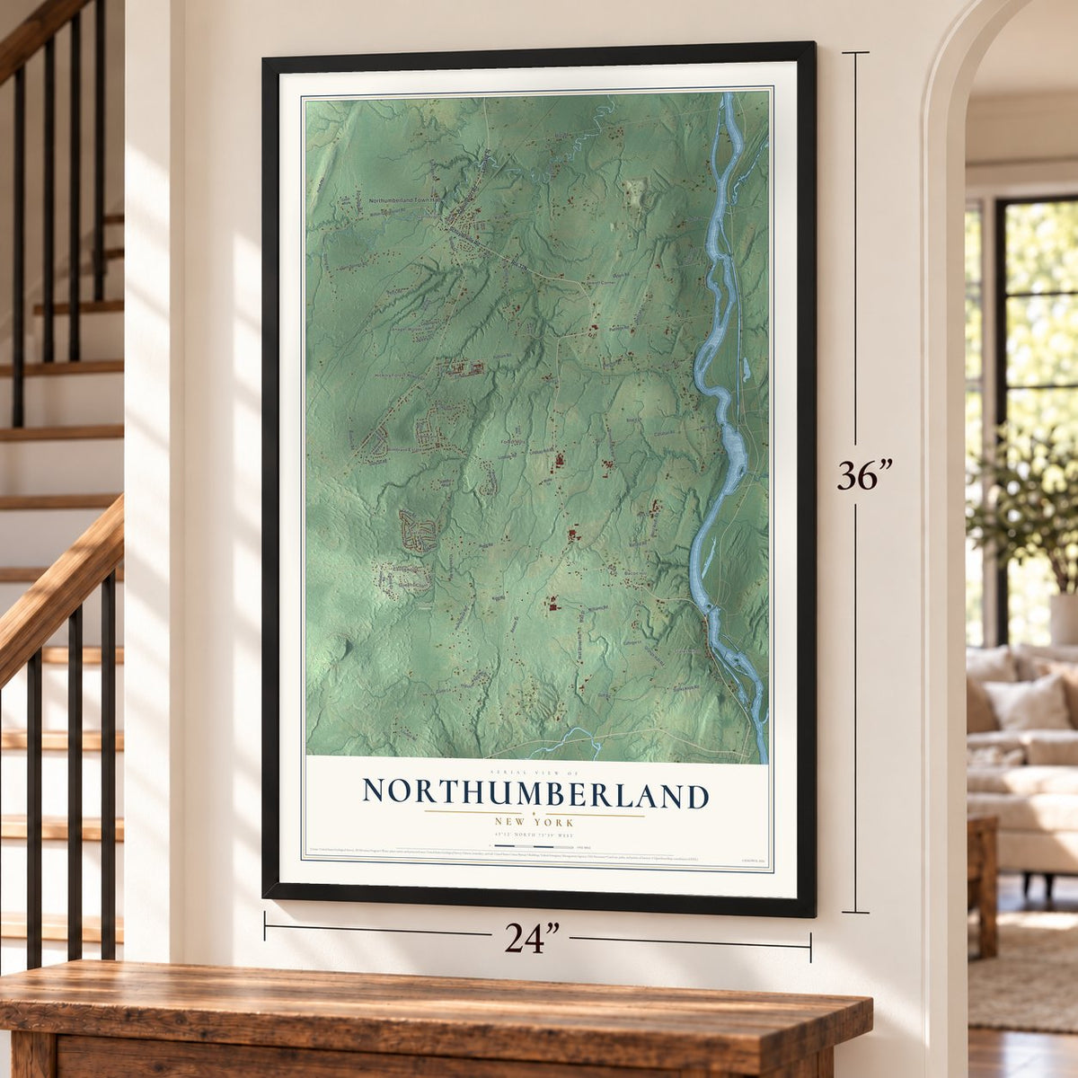Northumberland, New York map, 24 x 36 inch print in a black frame by a staircase