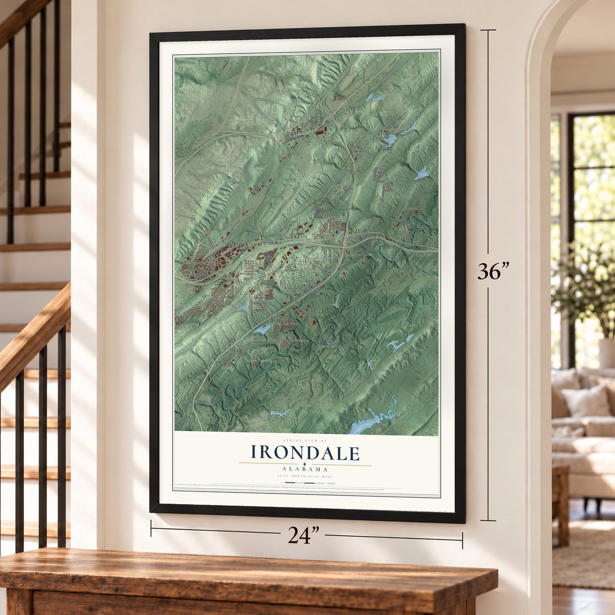 Irondale, Alabama map, 24 x 36 inch print in a black frame by a staircase