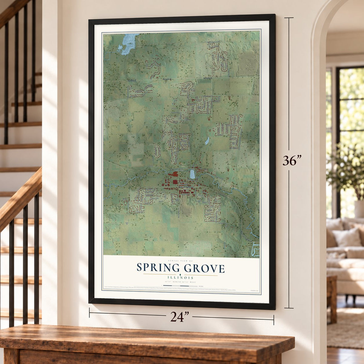 Spring Grove, Illinois map, 24 x 36 inch print in a black frame by a staircase