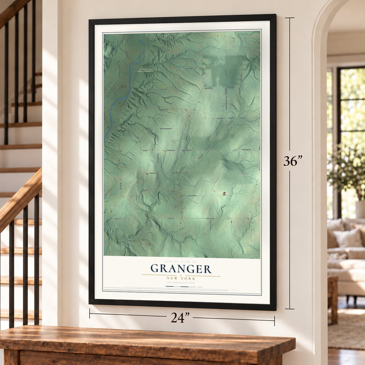 Granger, New York map, 24 x 36 inch print in a black frame by a staircase