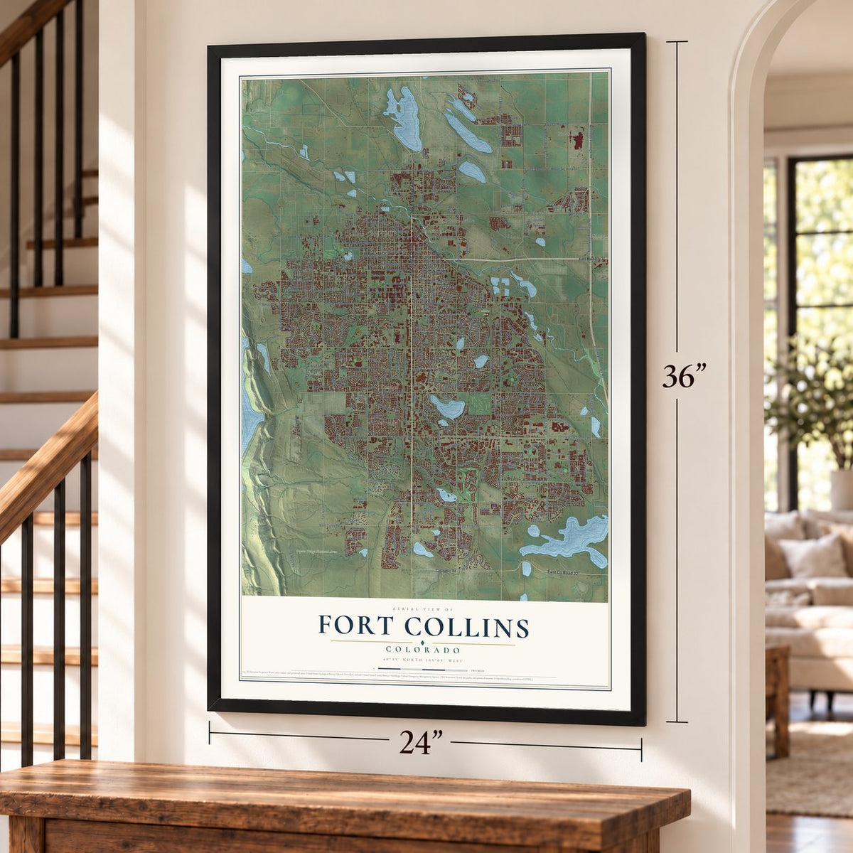 Fort Collins, Colorado map, 24 x 36 inch print in a black frame by a staircase