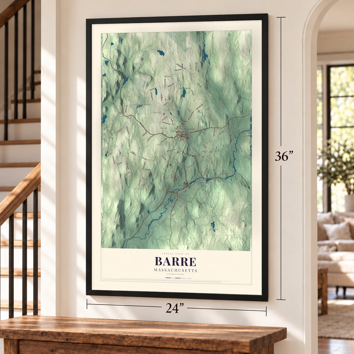 Barre, Massachusetts map, 24 x 36 inch print in a black frame by a staircase
