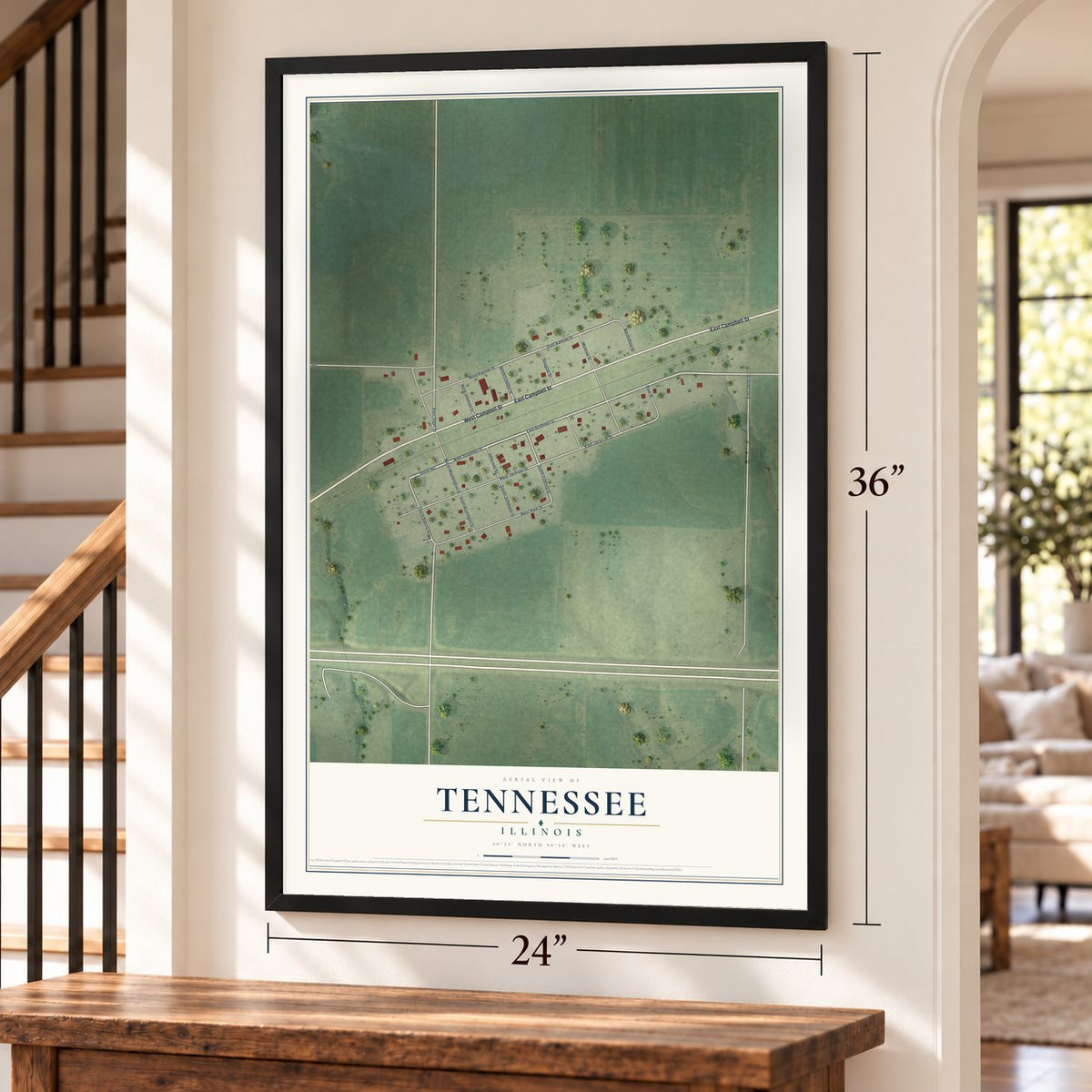 Tennessee, Illinois map, 24 x 36 inch print in a black frame by a staircase
