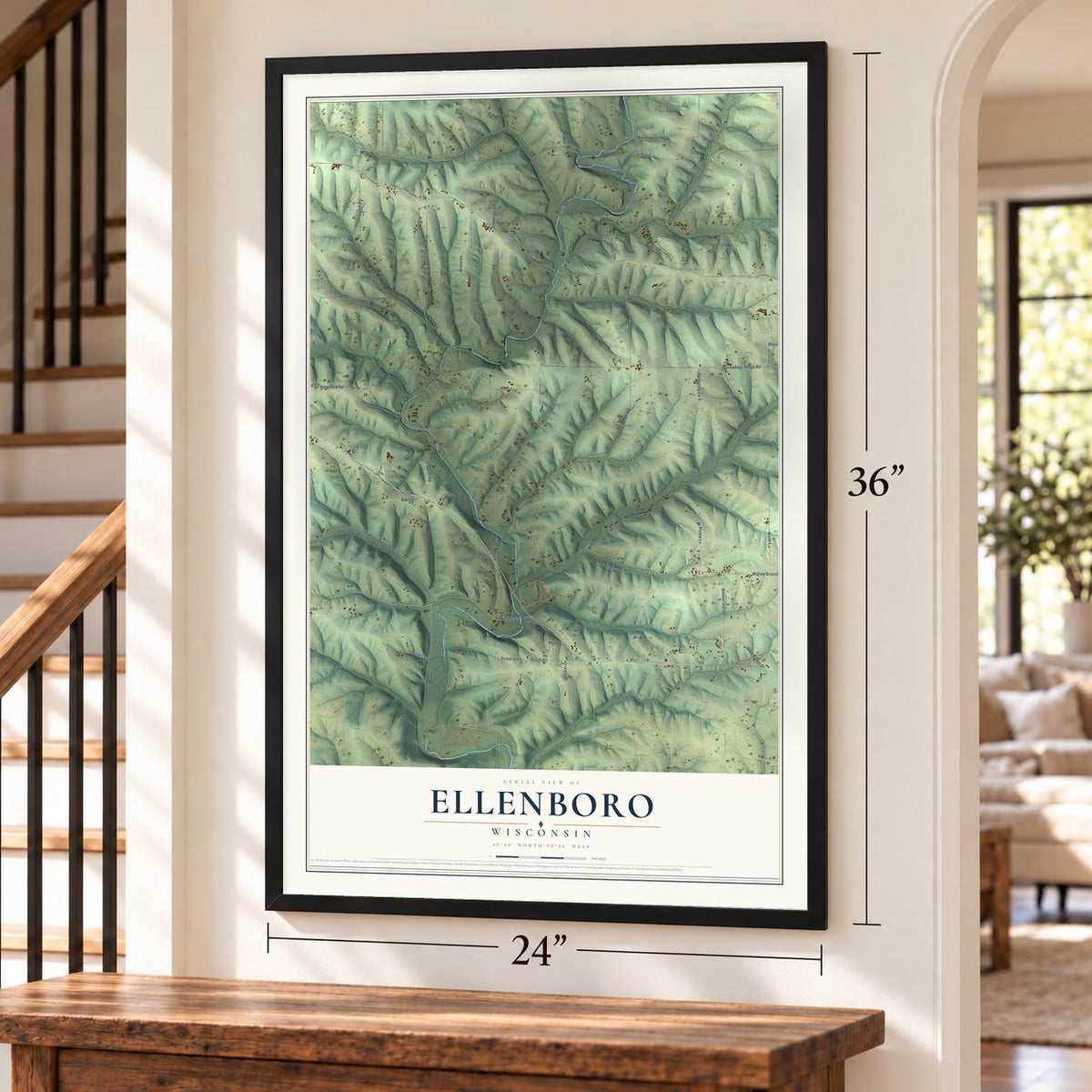 Ellenboro, Wisconsin map, 24 x 36 inch print in a black frame by a staircase