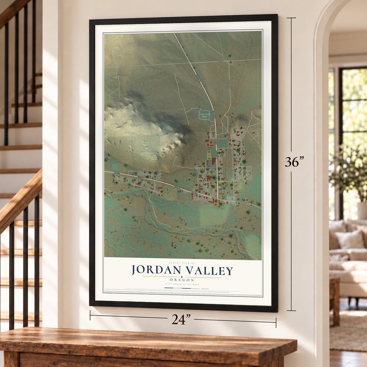 Jordan Valley, Oregon map, 24 x 36 inch print in a black frame by a staircase
