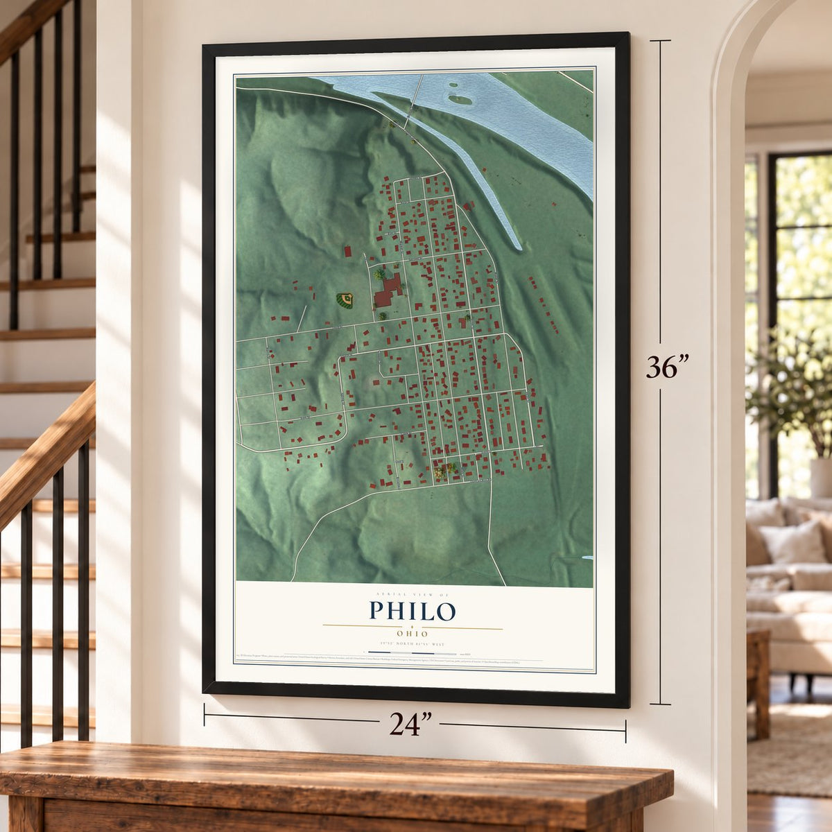 Philo, Ohio map, 24 x 36 inch print in a black frame by a staircase