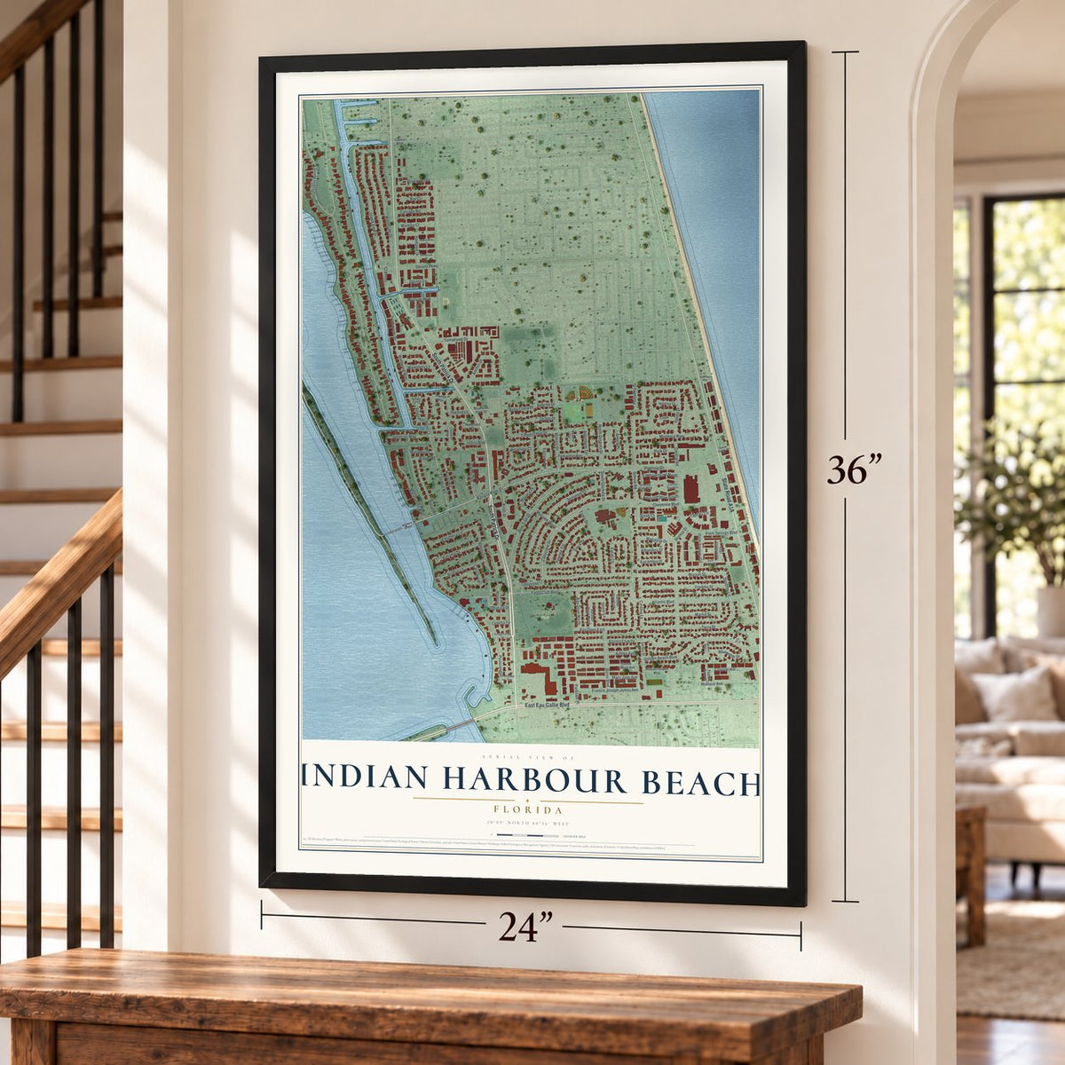 Indian Harbour Beach, Florida map, 24 x 36 inch print in a black frame by a staircase