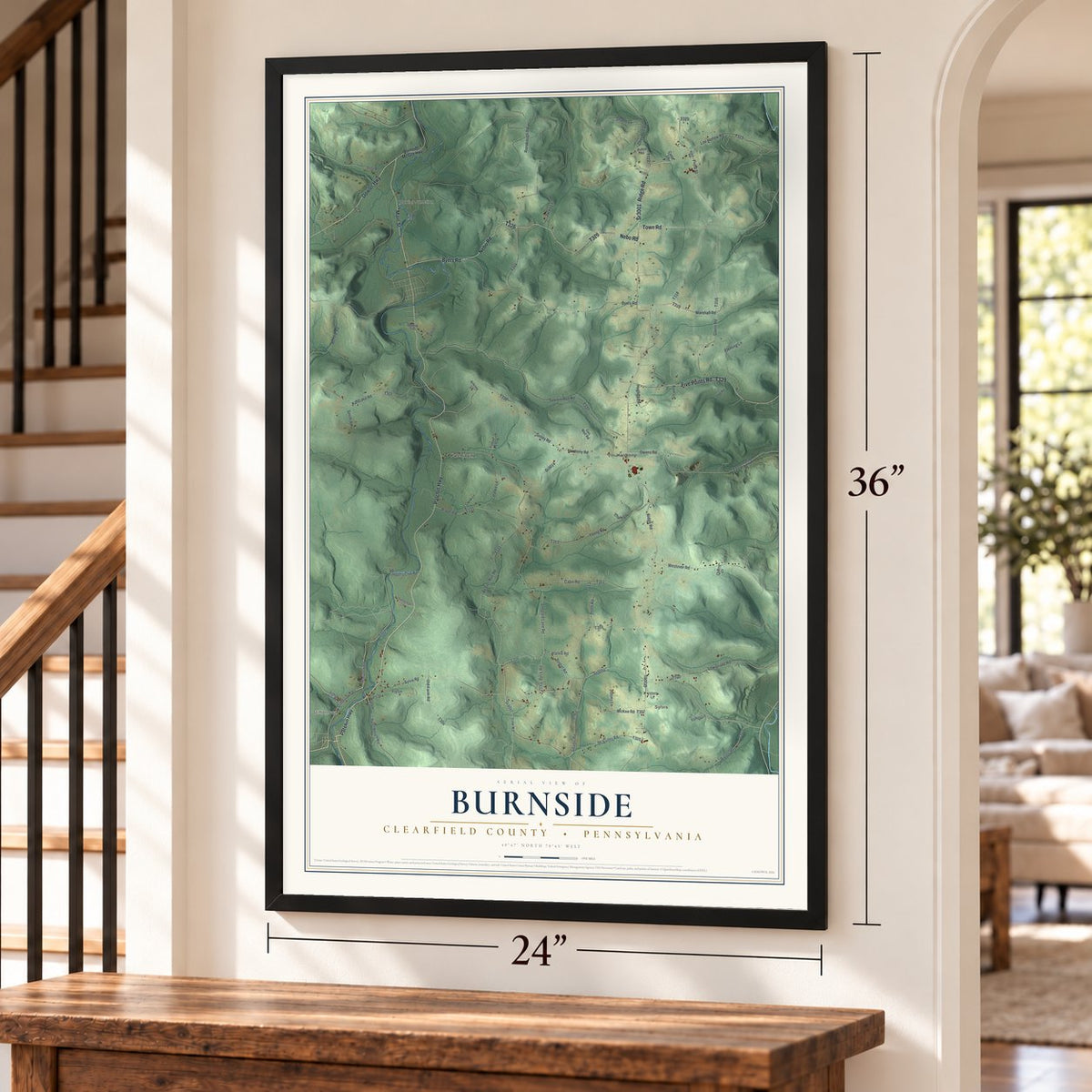 Burnside, Clearfield County, Pennsylvania map, 24 x 36 inch print in a black frame by a staircase