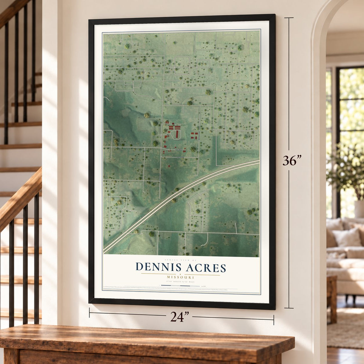 Dennis Acres, Missouri map, 24 x 36 inch print in a black frame by a staircase