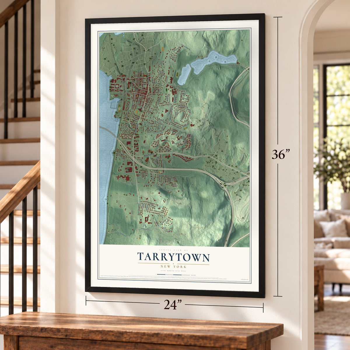Tarrytown, New York map, 24 x 36 inch print in a black frame by a staircase