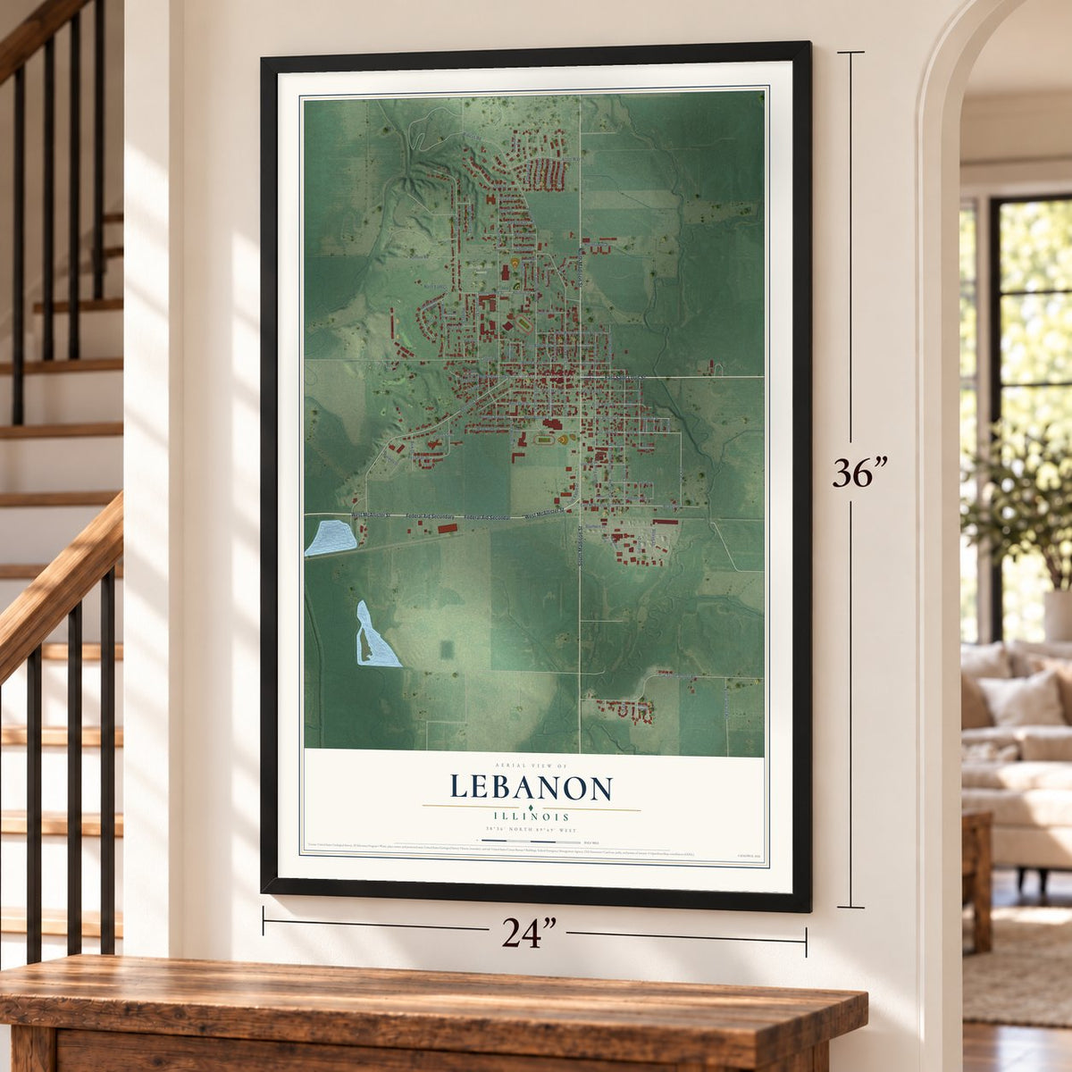 Lebanon, Illinois map, 24 x 36 inch print in a black frame by a staircase