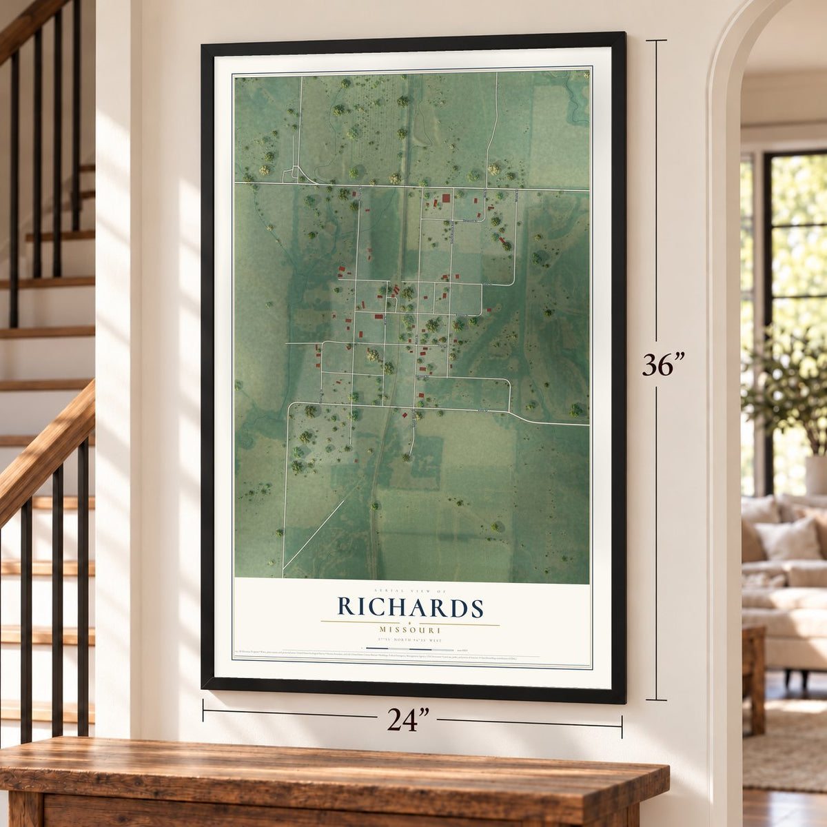 Richards, Missouri map, 24 x 36 inch print in a black frame by a staircase