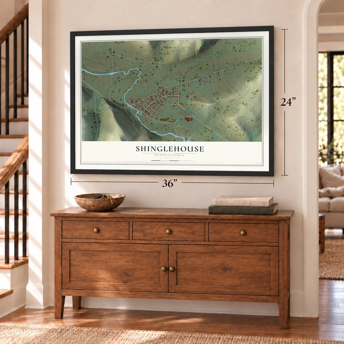 Shinglehouse, Pennsylvania map, 24 x 36 inch print in a black frame above a dresser by a staircase