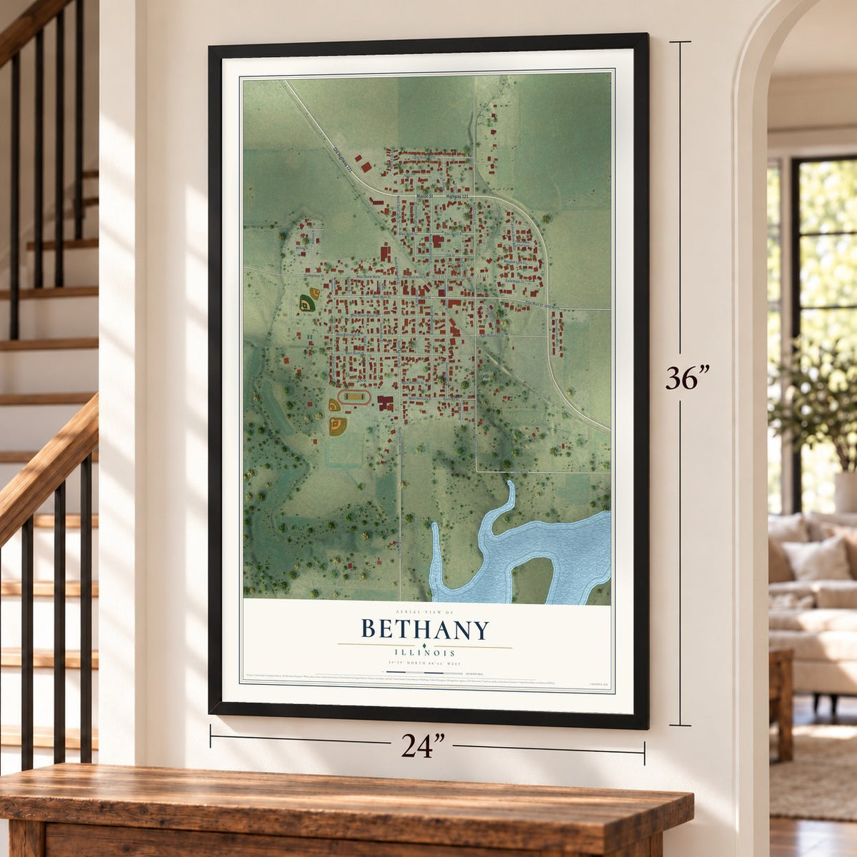 Bethany, Illinois map, 24 x 36 inch print in a black frame by a staircase