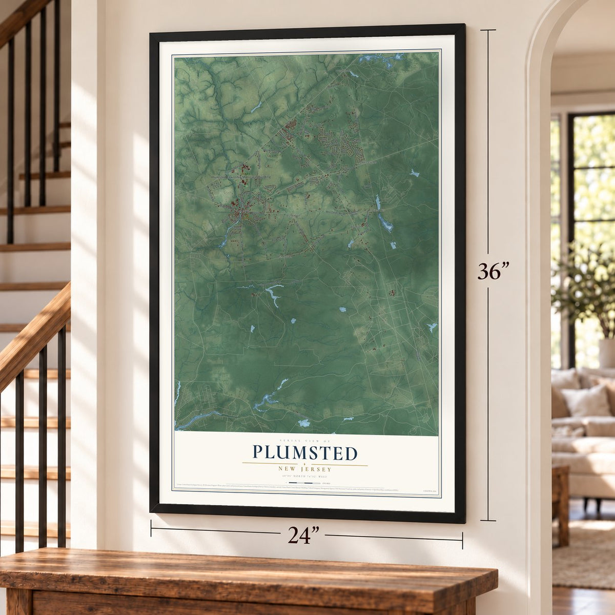 Plumsted, New Jersey map, 24 x 36 inch print in a black frame by a staircase