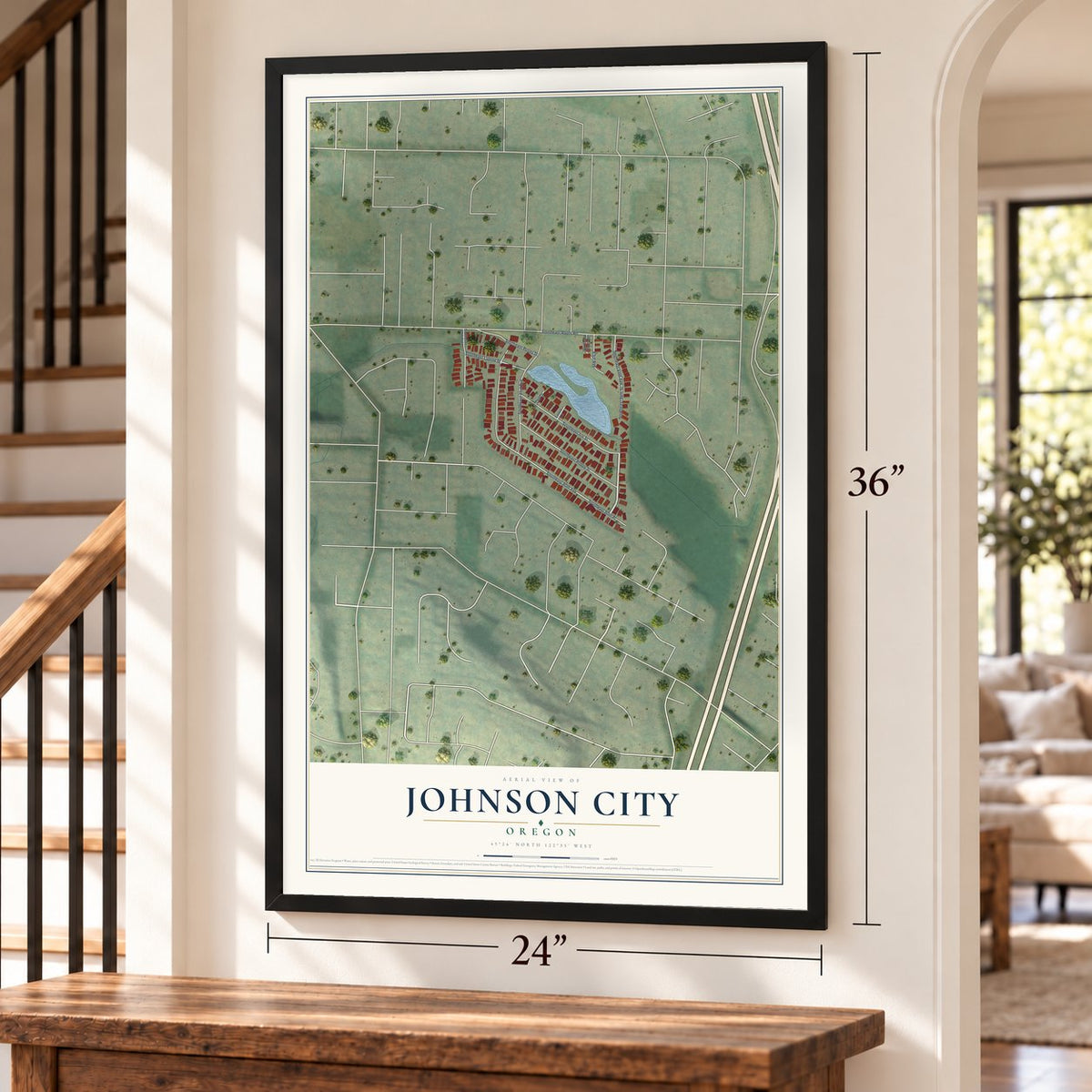 Johnson City, Oregon map, 24 x 36 inch print in a black frame by a staircase