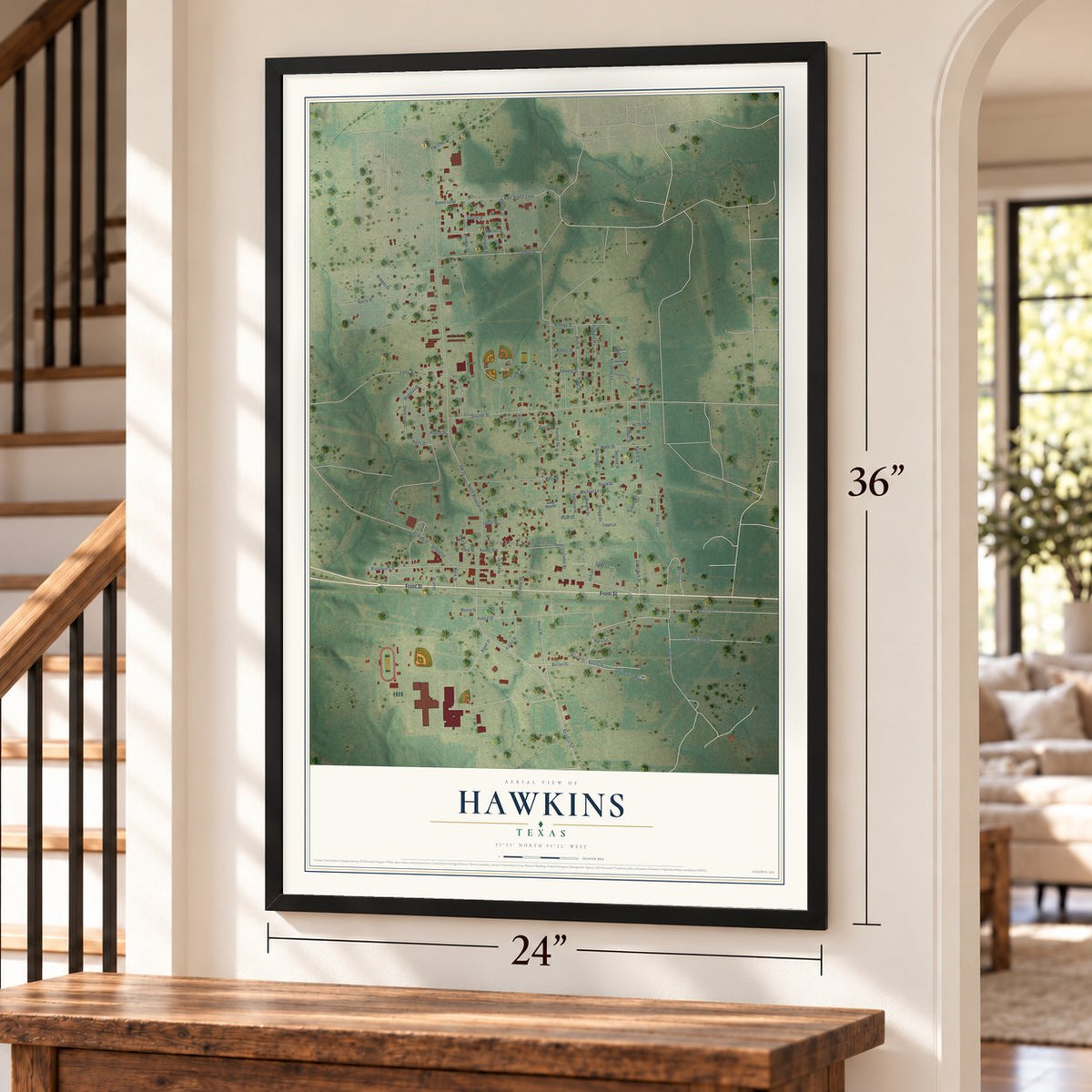 Hawkins, Texas map, 24 x 36 inch print in a black frame by a staircase