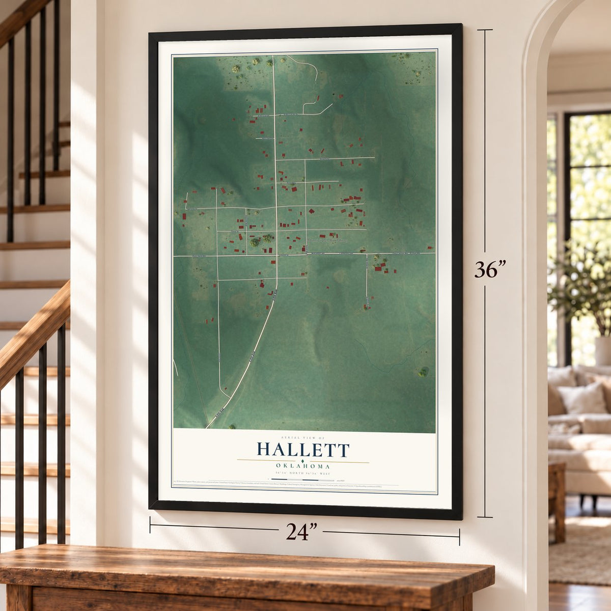 Hallett, Oklahoma map, 24 x 36 inch print in a black frame by a staircase