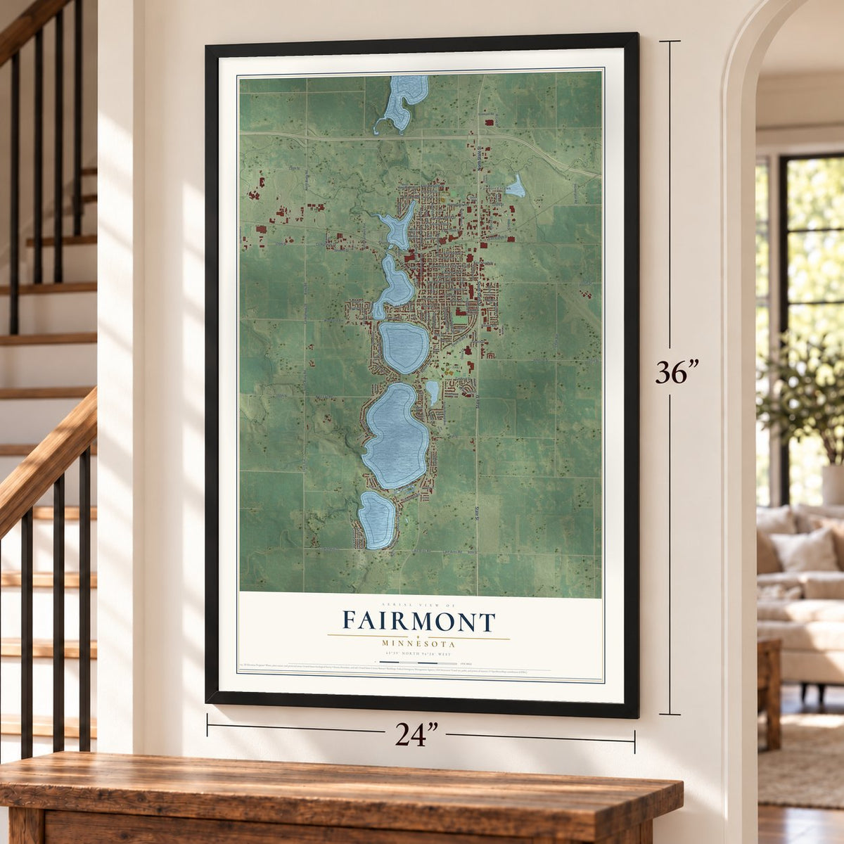 Fairmont, Minnesota map, 24 x 36 inch print in a black frame by a staircase