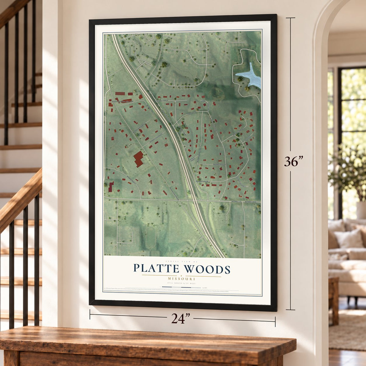 Platte Woods, Missouri map, 24 x 36 inch print in a black frame by a staircase