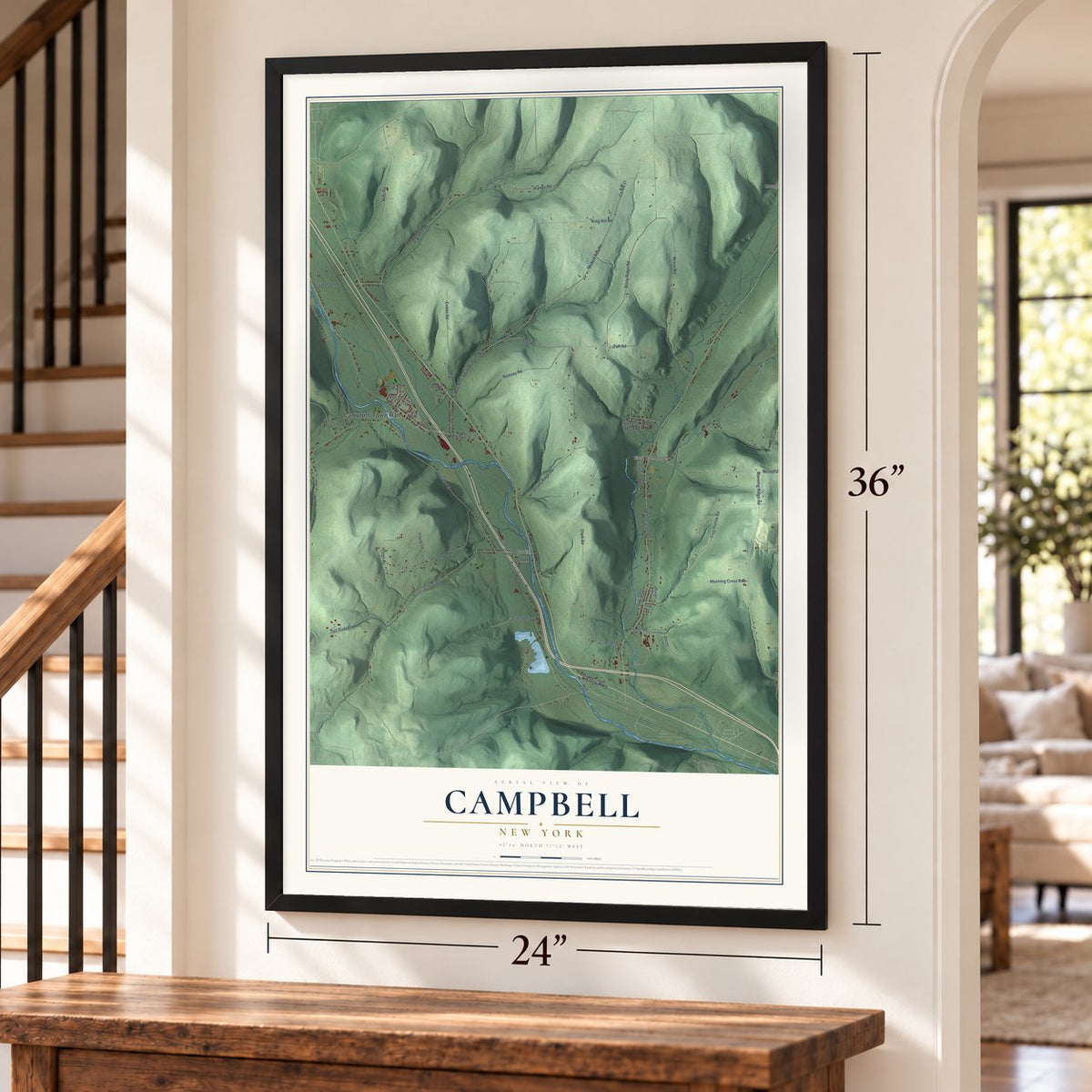 Campbell, New York map, 24 x 36 inch print in a black frame by a staircase